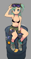 Rule 34 | 1girl, alternate costume, belt, bikini, bikini top only, blue eyes, blue hair, breasts, bulma, capsule corp, commentary request, dragon ball, dragon ball (classic), dragon ball (object), drum (container), full body, gloves, highres, looking at viewer, mago, medium breasts, short hair, shorts, single glove, sitting, solo, swimsuit, tongue, tongue out, unworn gloves