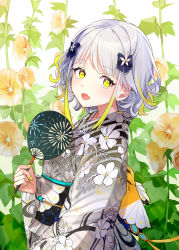 Rule 34 | 1girl, 447 records, absurdres, almic, blonde hair, blush, fang, flower, hand fan, highres, japanese clothes, kimono, looking at viewer, looking to the side, multicolored hair, nail polish, open mouth, plant, standing, virtual youtuber, white hair, yellow eyes, yellow flower, yukata, yuzuha (yuzuha virtual)