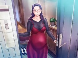 Rule 34 | 1girl, blush, breasts, cleavage, door, dress, closed eyes, female focus, glasses, grassturtle, hair over shoulder, happy, highres, indoors, large breasts, legs, lipstick, long hair, makeup, original, parted lips, plant, pregnant, purple hair, red-framed eyewear, red dress, red lips, s kyoushi na kagami-sensei to m haha na ryouko-san 2, shoes, smile, solo, standing, thighs, wooden floor