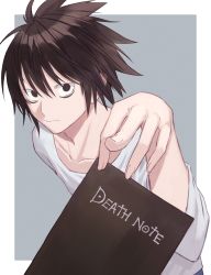 Rule 34 | 1boy, bags under eyes, black eyes, black hair, book, collarbone, death note, death note (object), hair between eyes, highres, holding, holding book, l (death note), long sleeves, looking at viewer, shimizu tomoki, shirt, short hair, solo, white shirt