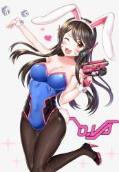Rule 34 | 1girl, adapted costume, animal ears, arm up, armpits, bare shoulders, blue leotard, blush, breasts, brown eyes, brown hair, cleavage, collarbone, covered navel, cowboy shot, d.va (overwatch), dice, eyebrows, facepaint, facial mark, fake animal ears, fang, groin, gun, hairband, hand up, handgun, heart, high heels, highleg, highleg leotard, highres, holding, holding gun, holding weapon, large breasts, leotard, long hair, looking at viewer, matching hair/eyes, one eye closed, open mouth, overwatch, overwatch 1, pantyhose, playboy bunny, rabbit ears, rabbit tail, simple background, sleeveless, solo, sparkle, spoken heart, standing, standing on one leg, strapless, strapless leotard, tail, thighs, tl astral7536, ubi (ekdus6080), weapon, whisker markings, white background, wrist cuffs