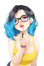 Rule 34 | 1girl, absurdres, bare shoulders, black-framed eyewear, black hair, blue eyes, blue hair, breasts, cleavage, earrings, eyeshadow, glasses, hand up, highres, jewelry, kopianget, leaning forward, lipgloss, lips, looking at viewer, makeup, medium breasts, midriff, mole, mole above eye, mole on breast, multicolored hair, nose piercing, original, parted lips, piercing, revision, shelby seraphine, short hair, simple background, sleeveless, solo, tank top, teeth, two-tone hair, upper body, upper teeth only, white background