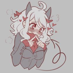 Rule 34 | 1girl, black horns, black jacket, black suit, black tail, blush, breasts, business suit, closed mouth, curly hair, demon girl, demon horns, formal, grey background, heart, heart-shaped pupils, helltaker, highres, horns, imako chan, jacket, large breasts, long sleeves, looking down, medium hair, modeus (helltaker), monster girl, own hands together, red eyes, red sweater, ribbed shirt, shirt, short hair, simple background, sleeves past wrists, smile, solo, standing, suit, sweater, symbol-shaped pupils, tail, turtleneck, upper body, white hair