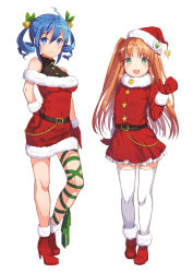 Rule 34 | 2girls, :d, ahoge, amiami (company), amico, ankle boots, bare shoulders, bell, belt, belt buckle, blue eyes, blue hair, blush, boots, breasts, buckle, christmas, closed mouth, contrapposto, covered navel, dress, drill hair, full body, fur-trimmed dress, fur-trimmed gloves, fur-trimmed sleeves, fur collar, fur trim, gloves, green eyes, hair bell, hair between eyes, hair ornament, hand on own hip, hat, high heel boots, high heels, highres, leg ribbon, lilco, long hair, looking at viewer, medium breasts, mittens, multiple girls, official art, open mouth, orange hair, parted bangs, red dress, red mittens, ribbon, santa boots, santa costume, santa gloves, santa hat, short dress, simple background, smile, standing, star (symbol), thighhighs, turtleneck, twin drills, twintails, two side up, waving, white background, white legwear, yumekui, zettai ryouiki