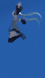 Rule 34 | 1girl, aqua hair, aqua necktie, bare shoulders, black footwear, black skirt, black sleeves, blue background, blue sky, boots, breasts, commentary request, detached sleeves, floating hair, full body, grey shirt, hair ornament, hatsune miku, headphones, highres, jumping, legs up, long hair, looking to the side, necktie, open hands, outstretched arms, pleated skirt, potetoneko, shirt, skirt, sky, sleeveless, sleeveless shirt, small breasts, solo, thigh boots, twintails, vocaloid, wide sleeves