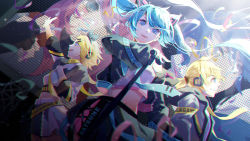 Rule 34 | 2boys, 3girls, aqua eyes, aqua hair, aqua nails, aqua necktie, black bow, black jacket, black skirt, blonde hair, blue eyes, blue hair, book, bow, character name, coat, commentary, concert, confetti, crop top, dutch angle, hair bow, hair ornament, hand on own chest, hand up, hatsune miku, headphones, hiro chikyuujin, holding, holding microphone, jacket, kagamine len, kagamine rin, kaito (vocaloid), long hair, looking at viewer, looking to the side, megurine luka, microphone, microphone stand, midriff, multiple boys, multiple girls, nail polish, necktie, off-shoulder jacket, off shoulder, open mouth, outstretched arm, pink hair, projected inset, shirt, short hair, short ponytail, skirt, smile, spiked hair, swept bangs, twintails, very long hair, vocaloid, white coat, white shirt, yellow neckwear