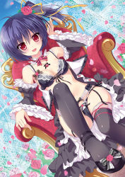 Rule 34 | 1girl, :d, ameto yuki, black bra, black panties, black ribbon, black sleeves, black thighhighs, blue hair, blush, bow, bowtie, bra, breasts, cameltoe, cleavage, detached collar, detached sleeves, dutch angle, flower, front-tie bra, garter belt, hair between eyes, hair flower, hair ornament, hair ribbon, highres, layered sleeves, lolita fashion, long sleeves, looking at viewer, medium breasts, open mouth, original, panties, panties over garter belt, pink flower, pink rose, red eyes, ribbon, rose, shiny clothes, shiny legwear, shiny skin, short hair, side-tie panties, side ponytail, sitting, smile, solo, striped bow, striped bowtie, striped clothes, striped neckwear, thighhighs, underwear, yellow ribbon
