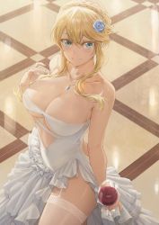 Rule 34 | 1girl, absurdres, alcohol, aqua eyes, artoria pendragon (fate), artoria pendragon (lancer) (fate), bare arms, bare shoulders, blonde hair, blue flower, braid, braided bun, breasts, center opening, cleavage, collarbone, colored eyelashes, commentary, cup, dress, drinking glass, fate/grand order, fate (series), flower, free style (yohan1754), french braid, from above, garter straps, hair bun, hair flower, hair ornament, hand up, highres, holding, holding cup, jewelry, large breasts, long hair, looking at viewer, necklace, rose, see-through, sleeveless, sleeveless dress, smile, solo, strapless, strapless dress, thighhighs, tile floor, tiles, white dress, wine, wine glass