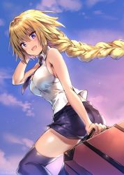 Rule 34 | 1girl, :d, armpit peek, bad id, bad pixiv id, bare arms, bare shoulders, black thighhighs, blonde hair, blush, braid, breasts, fate/apocrypha, fate (series), floating hair, jeanne d&#039;arc (fate), jeanne d&#039;arc (girl from orleans) (fate), jeanne d&#039;arc (ruler) (fate), long hair, looking at viewer, luggage, medium breasts, open mouth, purple eyes, riichu, shirt, short shorts, shorts, sideboob, single braid, sleeveless, sleeveless shirt, smile, solo, thighhighs, very long hair, white shirt