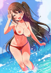 Rule 34 | 1girl, ;d, bare arms, bare shoulders, bikini, blue sky, blush, breast slip, breasts, breasts out, brown eyes, brown hair, collarbone, day, dutch angle, gluteal fold, head tilt, idolmaster, idolmaster cinderella girls, idolmaster cinderella girls starlight stage, light rays, long hair, looking at viewer, medium breasts, navel, nipples, ocean, one eye closed, one side up, open mouth, red bikini, s sasaki 09140, shimamura uzuki, sky, smile, solo, splashing, stomach, sunbeam, sunlight, swept bangs, swimsuit, tareme, thigh gap, thighs, tongue, unaligned breasts, v, very long hair, wading, water