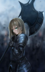 Rule 34 | 1girl, :&lt;, armor, blonde hair, blurry, blurry background, closed mouth, female knight, green eyes, halberd, highres, holding, holding weapon, knight, looking at viewer, medium hair, mikisai, original, polearm, scar, solo, standing, sword, weapon