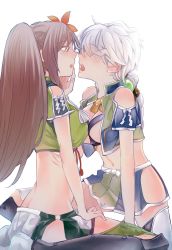 Rule 34 | 10s, 2girls, alternate color, amagi (kancolle), bai lao shu, bare shoulders, black legwear, blush, braid, breasts, brown hair, closed eyes, cloud print, colored eyelashes, crop top, flower, from side, green legwear, hair between eyes, hair flower, hair ornament, highres, hip vent, holding hands, imminent kiss, kantai collection, large breasts, long hair, looking at another, lower teeth only, midriff, miniskirt, multiple girls, navel, open clothes, open mouth, pleated skirt, ponytail, revealing clothes, short sleeves, silver hair, single braid, skirt, teeth, thighs, underwear, unryuu (kancolle), very long hair, yuri