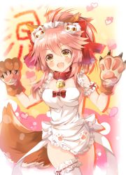 Rule 34 | 1girl, animal ears, animal hands, apron, bad id, bad pixiv id, bell, blush, breasts, cleavage, collar, fangs, fate/grand order, fate (series), fox ears, fox tail, hair ribbon, heart, highres, iori (mutennmaru), large breasts, long hair, looking at viewer, naked apron, neck bell, open mouth, pink hair, ribbon, sideboob, solo, tail, tamamo (fate), tamamo cat (fate), tamamo cat (third ascension) (fate), tamamo no mae (fate/extra), yellow eyes