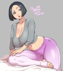Rule 34 | 1girl, agawa ryou, bed sheet, black hair, bob cut, breasts, cleavage, commentary, dated, english commentary, heel-less legwear, large breasts, midriff, navel, original, pants, short hair, signature, simple background, solo, toeless legwear, yoga pants