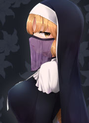 Rule 34 | 1boy, bad id, bad pixiv id, black background, black dress, blood, blush, breasts, brown eyes, commentary request, dress, floral background, from side, habit, highres, itou ayachi, looking at viewer, looking to the side, medium breasts, mouth veil, nijisanji, nun, parted lips, profile, see-through, short hair, sideways glance, sister claire, sister claire (1st costume), smile, traditional nun, upper body, veil, virtual youtuber