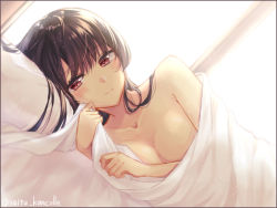 Rule 34 | 1girl, bad id, bad nicoseiga id, bed, bed sheet, black hair, blanket, collarbone, fusou (kancolle), kantai collection, long hair, looking at viewer, lying, naked sheet, on bed, on side, pillow, pov across bed, red eyes, saitu miki, smile, solo, under covers