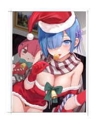 Rule 34 | 2girls, :o, a451128550, absurdres, bell, blue eyes, blue hair, breasts, candy, christmas, cleavage, commentary request, female focus, food, fur-trimmed gloves, fur trim, gloves, hair ornament, hair over one eye, hair ribbon, hat, highres, holding, holding candy, holding food, holding lollipop, large breasts, lollipop, looking at viewer, matching hair/eyes, multiple girls, purple ribbon, ram (re:zero), re:zero kara hajimeru isekai seikatsu, red gloves, red headwear, rem (re:zero), ribbon, santa costume, santa hat, scarf, siblings, sisters, striped clothes, striped scarf, twins, white scarf, x hair ornament