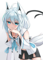 Rule 34 | 1girl, absurdres, ahoge, animal ear fluff, animal ears, bare shoulders, black shorts, blue neckerchief, blush, braid, collarbone, commentary request, detached sleeves, fang, fox ears, fox girl, fox tail, green eyes, hair between eyes, hand on own chin, highres, hololive, hood, hoodie, ikasumiax, long hair, looking at viewer, navel, neckerchief, open clothes, open shirt, shirakami fubuki, shirakami fubuki (1st costume), short shorts, shorts, silver hair, simple background, single braid, skin fang, sleeveless, solo, tail, virtual youtuber, white background, white hoodie