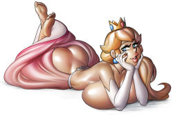 Rule 34 | 1girl, arm support, ass, barefoot, blonde hair, blue eyes, blush, breast press, breasts, butt crack, feet, huge breasts, legs, long hair, lying, mario (series), nintendo, on stomach, parted lips, ph draw, pink lips, princess, princess peach, smile, solo, super mario bros. 1, the pose, thighs, topless