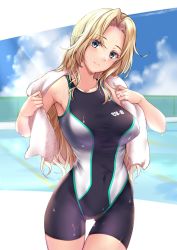Rule 34 | 1girl, blonde hair, blue eyes, breasts, cloud, commentary request, competition swimsuit, covered navel, day, highres, hornet (kancolle), jewelry, kantai collection, kuurunaitsu, large breasts, long hair, looking at viewer, one-piece swimsuit, outdoors, pool, ring, sky, solo, swimsuit, towel, towel around neck, very long hair, wedding band, wet, wet clothes, wet swimsuit