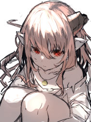 Rule 34 | 1girl, bare shoulders, broken horn, brown hair, closed mouth, commentary request, dress, feet out of frame, hair between eyes, highres, horns, knees up, long hair, off shoulder, original, pointy ears, red eyes, simple background, sitting, solo, very long hair, white background, white dress, yuuji (yukimimi)