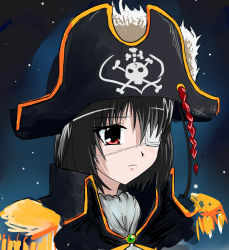 Rule 34 | 1girl, another, black hair, cosplay, ascot, crossover, cyber (cyber knight), cyberknight (artist), epaulettes, eyepatch, hat, hat feather, katou marika, katou marika (cosplay), miniskirt pirates, misaki mei, pirate, pirate hat, red eyes, season connection, short hair, skull and crossbones, solo