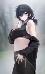 Rule 34 | 1girl, absurdres, bara (03 bara ), bare shoulders, black hair, black sports bra, blue eyes, breasts, closed mouth, hand on own hip, highres, jacket, jacket partially removed, medium breasts, medium hair, midriff, navel, ooking at viewer, original, outdoors, pants, ponytail, solo, sports bra, sportswear, towel, whistle, whistle around neck, wiping sweat, yoga pants, yokoyama ishimi