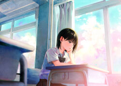 Rule 34 | 1girl, black bow, black bowtie, black hair, black skirt, blurry, blurry foreground, bow, bowtie, chair, classroom, collared shirt, curtains, day, desk, expressionless, grey eyes, hand on own cheek, hand on own face, highres, indoors, light particles, multicolored sky, nakamura hinata, original, parted lips, pink clouds, pleated skirt, school chair, school desk, school uniform, shirt, short hair, short sleeves, signature, sitting, skirt, sky, solo, uniform, white shirt, window