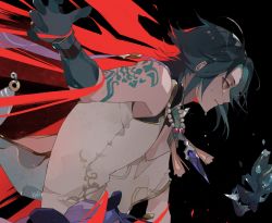 Rule 34 | 1boy, arm tattoo, bare shoulders, bead necklace, beads, black background, black hair, bound, crack, cracked mask, facial mark, forehead mark, from side, genshin impact, gloves, green gloves, green hair, highres, jewelry, kamui (kurohshiro1), long hair, male focus, mask, multicolored hair, necklace, open mouth, parted bangs, simple background, sleeveless, solo, sweat, tassel, tattoo, xiao (genshin impact), yellow eyes