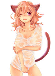Rule 34 | animal ears, breasts, cat ears, cat tail, fangs, guri (bluedrop), large breasts, long hair, nipples, one eye closed, open mouth, original, penis, pink eyes, pink hair, see-through, shirt, solo, tail, third-party edit, wet, wet clothes, wet shirt, wink
