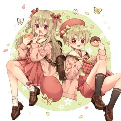 Rule 34 | 1boy, 1girl, blonde hair, border, bow, bug, butterfly, circle, doughnut, food, full body, hair bow, hat, highres, insect, long hair, looking at viewer, matching outfits, original, pink eyes, pink theme, rii (pixiv11152329), round border, short hair, siblings, twins, twintails, white background