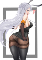 Rule 34 | 1girl, absurdres, animal ears, arknights, ass, back, bare shoulders, black footwear, black pantyhose, black shirt, blush, boots, breasts, brown gloves, brown thighhighs, chinese commentary, commentary request, cowboy shot, crotch seam, elbow gloves, from behind, gloves, grey eyes, grey skirt, highres, large breasts, lazgear, long hair, looking at viewer, looking back, medium breasts, miniskirt, open mouth, panties, panties under pantyhose, pantyhose, pencil skirt, rabbit ears, savage (arknights), shirt, side slit, sideboob, silver hair, simple background, skindentation, skirt, sleeveless, sleeveless shirt, solo, standing, thigh boots, thighband pantyhose, thighhighs, thighs, two side up, underwear, very long hair, white background, white panties