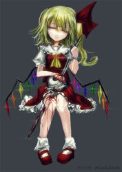 Rule 34 | 1girl, ascot, blonde hair, blood, blood on hands, blood on leg, closed eyes, closed mouth, collared shirt, commentary request, crystal, dated, flandre scarlet, frilled shirt collar, frilled skirt, frills, full body, grey background, hair between eyes, hair ribbon, holding, holding sword, holding weapon, impaled, lastdark, long bangs, long hair, mary janes, no headwear, one side up, pigeon-toed, puffy short sleeves, puffy sleeves, rainbow order, red footwear, red ribbon, red skirt, red vest, ribbon, self-harm, shirt, shoes, short sleeves, simple background, skirt, skirt set, skull, smile, socks, solo, sword, touhou, twitter username, vest, weapon, white shirt, white socks, wings, yellow ascot