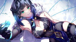 Rule 34 | 1girl, bare shoulders, black gloves, black hair, blue hair, breasts, cleavage, cleavage cutout, clothing cutout, covered navel, dice, elbow gloves, fur-trimmed jacket, fur trim, genshin impact, gloves, gradient hair, highres, jacket, jewelry, large breasts, looking at viewer, mole, mole on breast, multicolored hair, navel, navel cutout, neck tassel, necklace, parted lips, pearl necklace, pelvic curtain, single elbow glove, smile, solo, studded armlet, teeth, thread, wanatsu 15, white jacket, yelan (genshin impact)