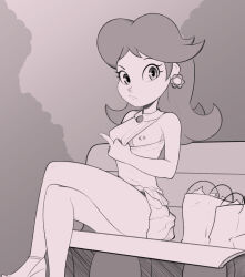 Rule 34 | 1girl, alternate costume, bag, bare shoulders, bench, breasts, bush, casual, closed mouth, collared shirt, crossed legs, day, earrings, female focus, flashing, flower earrings, hair flaps, highres, jewelry, legs, long hair, mario (series), medium breasts, middle finger, miniskirt, monochrome, nintendo, nipple piercing, nipples, no bra, on bench, outdoors, paper bag, parted bangs, piercing, pleated skirt, princess daisy, public indecency, sandals, shirt, shirt aside, shopping bag, sidelocks, sitting, sketch, skirt, sleeveless, sleeveless shirt, solo, thighs, throat (artist)
