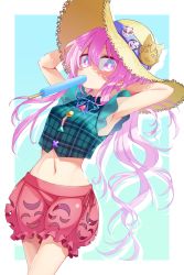 Rule 34 | 1girl, adapted costume, aqua shirt, armpits, arms up, blue background, border, breasts, bright pupils, cowboy shot, crop top, food, food in mouth, fox mask, hair between eyes, hat, hata no kokoro, highres, long hair, looking at viewer, mask, midriff, miniskirt, mouth hold, muchin jousha, navel, new mask of hope, noh mask, outside border, pink eyes, pink hair, pink skirt, plaid, plaid shirt, popsicle, shirt, skirt, sleeveless, solo, straw hat, touhou, very long hair, white border