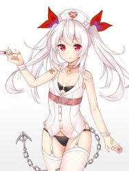 Rule 34 | 1girl, azur lane, bad id, bad pixiv id, bandaged arm, bandages, bandaid, bandaid on arm, bandaid on hand, bare shoulders, belt, belt buckle, bikini, bikini top only, black bikini, black panties, blouse, blush, breasts, brown belt, buckle, chain, closed mouth, collarbone, commentary request, cowboy shot, dress, fang, fang out, fingernails, fishnet thighhighs, fishnets, garter straps, gradient background, grey background, hair between eyes, hair ribbon, hand up, hat, highres, holding, holding syringe, long hair, nurse cap, panties, red eyes, red ribbon, ribbon, seventeen (st17215), shirt, sidelocks, silver hair, sleeveless, sleeveless dress, sleeveless shirt, small breasts, solo, swimsuit, syringe, thighhighs, tongue, tongue out, twintails, underwear, vampire (azur lane), vampire (little devil in white) (azur lane), very long hair, white background, white dress, white hat, white shirt, white thighhighs