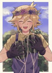 Rule 34 | 1boy, alternate costume, basil (faraway) (omori), basil (omori), black gloves, blonde hair, blue overalls, blush, closed eyes, collared shirt, commentary, day, facing viewer, flower, food, fruit, gloves, head wreath, highres, holding, holding food, male focus, omori, open mouth, outdoors, overalls, shirt, short hair, short sleeves, solo, teeth, upper teeth only, uru..., watermelon, yellow shirt