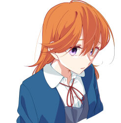 Rule 34 | 1girl, absurdres, blue jacket, collared shirt, commentary request, cropped torso, dress shirt, hair between eyes, highres, jacket, kashikaze, long hair, love live!, love live! superstar!!, neck ribbon, open clothes, open jacket, orange hair, parted lips, purple eyes, red ribbon, ribbon, school uniform, shibuya kanon, shirt, simple background, solo, upper body, white background, white shirt, yuigaoka school uniform