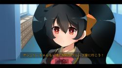 Rule 34 | 1girl, ashley (warioware), black hair, blush, bow, bright pupils, commentary request, food-themed hair ornament, hair ornament, herunia kokuoji, letterboxed, locker, long hair, looking at another, nintendo, orange hair ornament, red bow, red eyes, reference request, solo, translation request, twintails, uniform, upper body, warioware, white pupils, window