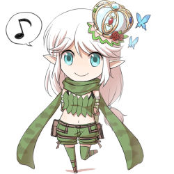 Rule 34 | 1girl, arms behind back, belt, blue eyes, boots, bra strap, brown belt, brown footwear, bug, butterfly, camouflage scarf, chibi, closed mouth, commentary request, crown, elbow gloves, full body, gloves, green gloves, green scarf, green shorts, green thighhighs, green tube top, insect, long hair, looking at viewer, low-tied long hair, midriff, musical note, natsuya (kuttuki), navel, pointy ears, pouch, ragnarok online, ranger (ragnarok online), scarf, shorts, simple background, smile, solo, spoken musical note, standing, standing on one leg, strapless, swept bangs, thighhighs, tube top, white background, white hair
