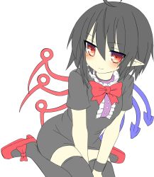 Rule 34 | 1girl, antenna hair, armband, asymmetrical wings, between legs, black dress, black hair, black thighhighs, blush, bow, bowtie, closed mouth, commentary, dress, footwear bow, frills, greatmosu, hair between eyes, hand between legs, highres, houjuu nue, looking at viewer, pointy ears, red bow, red bowtie, red eyes, red footwear, shoes, short hair, short sleeves, simple background, sitting, smile, solo, thighhighs, touhou, wariza, white background, wings, zettai ryouiki