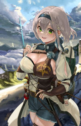 Rule 34 | 1girl, :d, absurdres, backpack, bag, blue hairband, blue shorts, braid, breasts, bridal gauntlets, cleavage, cowboy shot, day, flask, flower, green eyes, grey hair, hair between eyes, hair flower, hair ornament, hairband, highres, hololive, large breasts, long sleeves, looking at viewer, open mouth, outdoors, pop (shirogane noel), shirogane noel, shirogane noel (1st costume), shirt, short hair, short shorts, shorts, smile, snarkhunt, solo, standing, sweat, virtual youtuber, white flower, white shirt