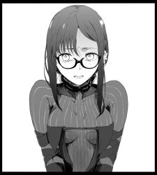 Rule 34 | 1girl, asymmetrical bangs, black hair, breasts, fate/grand order, fate (series), glasses, greyscale, monochrome, open mouth, semi-rimless eyewear, small breasts, solo, striped, swept bangs, syatey, upper body, v arms, white background, yu mei-ren (fate), yu mei-ren (first ascension) (fate)