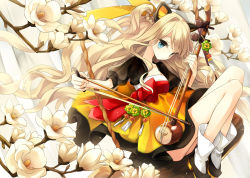 Rule 34 | 1girl, animal ears, bad id, bad pixiv id, blonde hair, blue eyes, boots, bow (music), cat ears, cropped jacket, dress, flower, haegeum, hajida, hanbok, instrument, korean clothes, long hair, music, playing instrument, rope, seeu, sitting, solo, strapless, strapless dress, swing, tassel, two side up, vocaloid