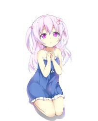 Rule 34 | 125buri, 1girl, :o, bare shoulders, blue skirt, blush, child, fingers together, flower, hair flower, hair ornament, long hair, original, pink eyes, pink hair, praying, seiza, simple background, sitting, skirt, solo, twintails, two side up, white background