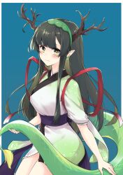 Rule 34 | 1girl, antlers, arm at side, black hair, blonde hair, blue background, blunt bangs, blush, breasts, closed mouth, commentary, cowboy shot, dragon, dragon girl, eastern dragon, fang, fang out, fur-tipped tail, gradient kimono, green hairband, hairband, hand up, highres, holding own tail, horns, japanese clothes, kimono, large breasts, long hair, looking at viewer, multicolored hair, outside border, pointy ears, red ribbon, ribbon, sash, scales, short kimono, short sleeves, sidelocks, simple background, skin fang, smile, solo, streaked hair, tail, tasuki, touhoku zunko, very long hair, voiceroid, yellow eyes, zooanime