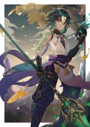 Rule 34 | 1boy, arm tattoo, bead necklace, beads, black hair, closed mouth, cloud, facial mark, forehead mark, genshin impact, gloves, green hair, highres, holding, holding mask, holding polearm, holding weapon, jewelry, korason222, leaf, makeup, male focus, mask, multicolored hair, necklace, orange eyes, outdoors, polearm, primordial jade winged-spear (genshin impact), sky, solo, spear, tassel, tattoo, tree, vision (genshin impact), weapon, xiao (genshin impact)