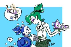 Rule 34 | &gt; &lt;, 1girl, 2boys, anger vein, angry, artist name, blue eyes, blue hair, closed eyes, cup, donut (zoza), dress, fangs, flower, fume, glasses, green hair, hat, hat flower, head bump, height difference, holding, inkling, inkling boy, inkling girl, inkling player character, jumping, layered clothes, layered sleeves, lollipop (zoza), long hair, long sleeves, looking at another, maid, maid headdress, multiple boys, nintendo, octobrush (splatoon), partially colored, pointy ears, samurai (zoza), short hair, short over long sleeves, short sleeves, shouting, signature, speech bubble, splatoon (series), splatoon 1, standing, star (symbol), teacup, teapot, tentacle hair, tray, unworn headwear, upper body, zoza
