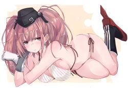 Rule 34 | 1girl, :t, alternate costume, atlanta (kancolle), bare legs, bare shoulders, bikini, black hat, blush, boots, breasts, brown hair, commentary request, earrings, garrison cap, gloves, grey eyes, halterneck, hat, jewelry, kantai collection, large breasts, long hair, looking at viewer, lying, navel, partially fingerless gloves, pout, rudder footwear, side-tie bikini bottom, simple background, solo, star (symbol), star earrings, string bikini, swimsuit, two side up, yumesato makura
